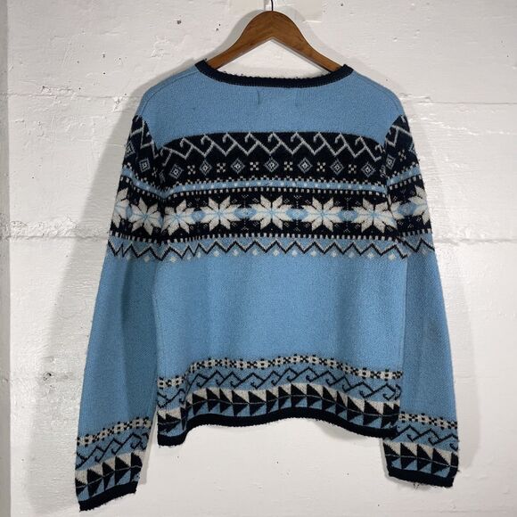 Vintage Blue Nordic Snowflake Wool Cardigan Button Front Tally-Ho M 80s 90s - Picture 8 of 10